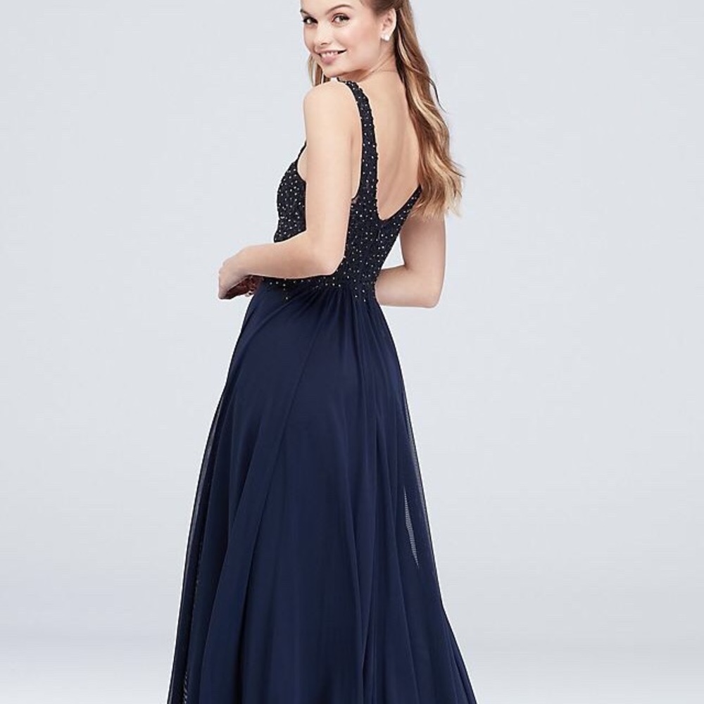 Long Navy V Neck Formal Dress